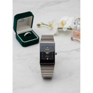 Rado Swiss Quartz Rectangular Dress Watch Black Dial Stainless Steel 3710-2035